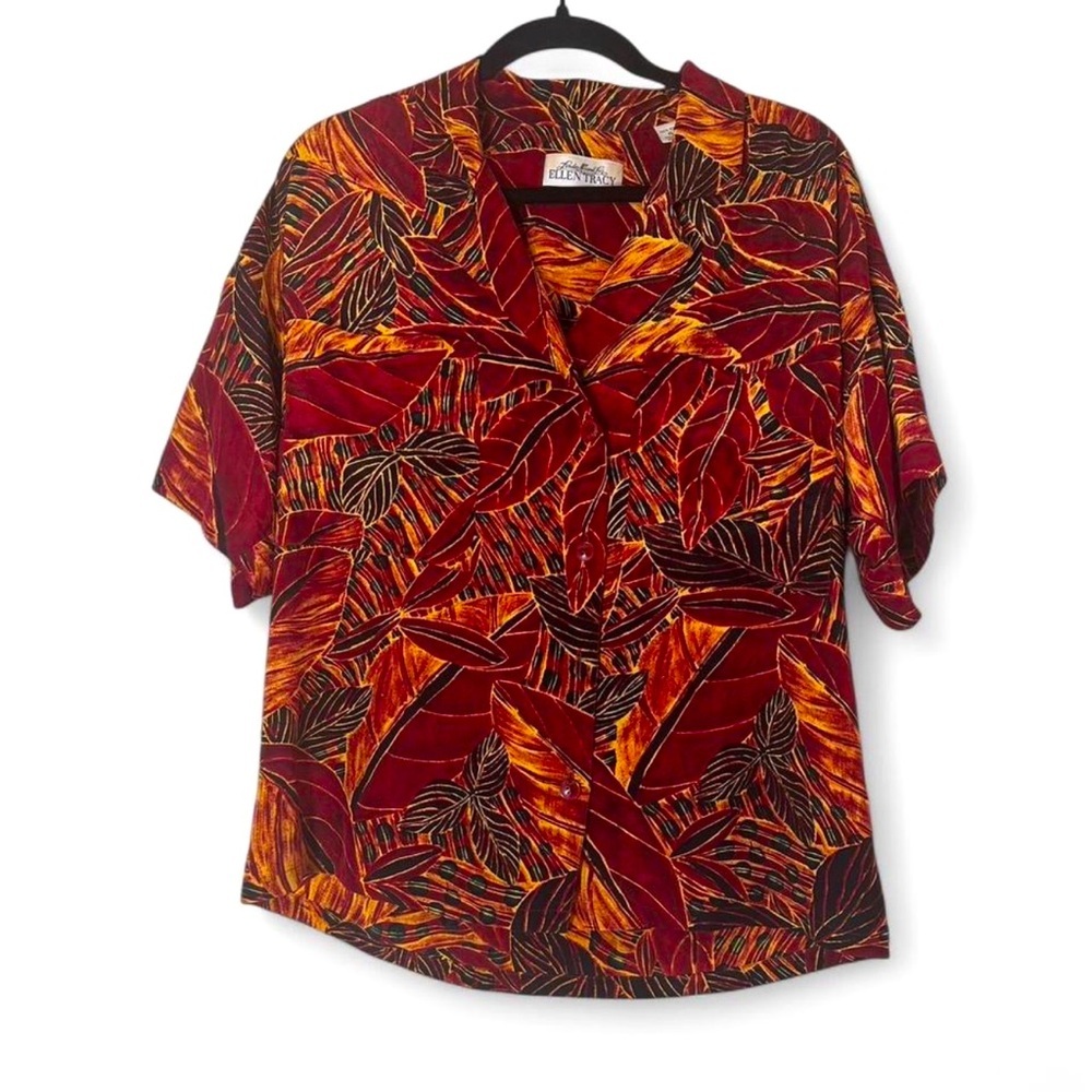 Ellen Tracy 100% Silk Vintage Tropical button down V neck blouse size 4